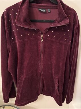 Vintage Onque Casuals Burgundy Velour Zip-Up Jacket with Stud Detail 2X